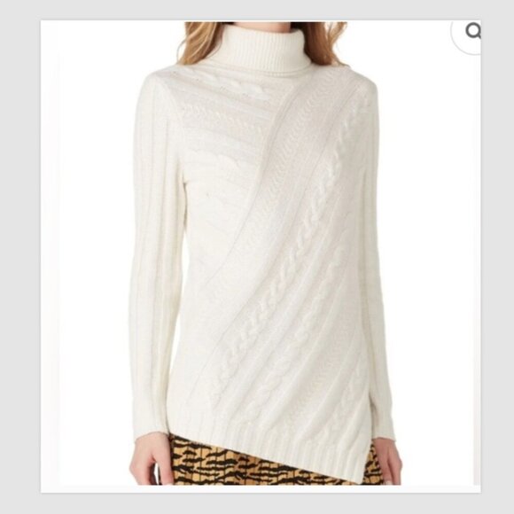 Milly Asymmetrical Cable Knit Sweater Cream Size M Lambswool Blend Designer Luxe - Picture 1 of 8